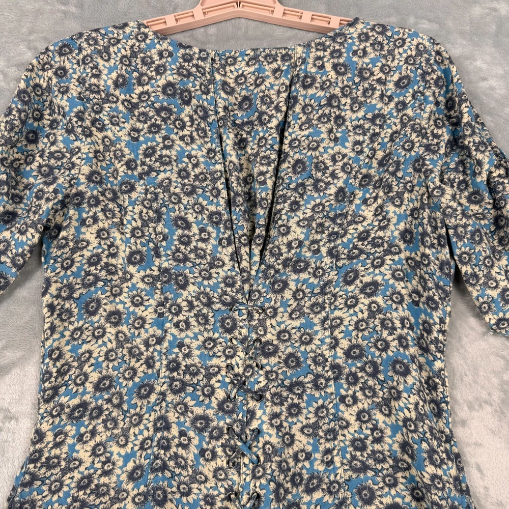Free People Dress Women M Blue Floral Flower Power Mini Fit & Flare Boho Lace Up - Picture 9 of 11